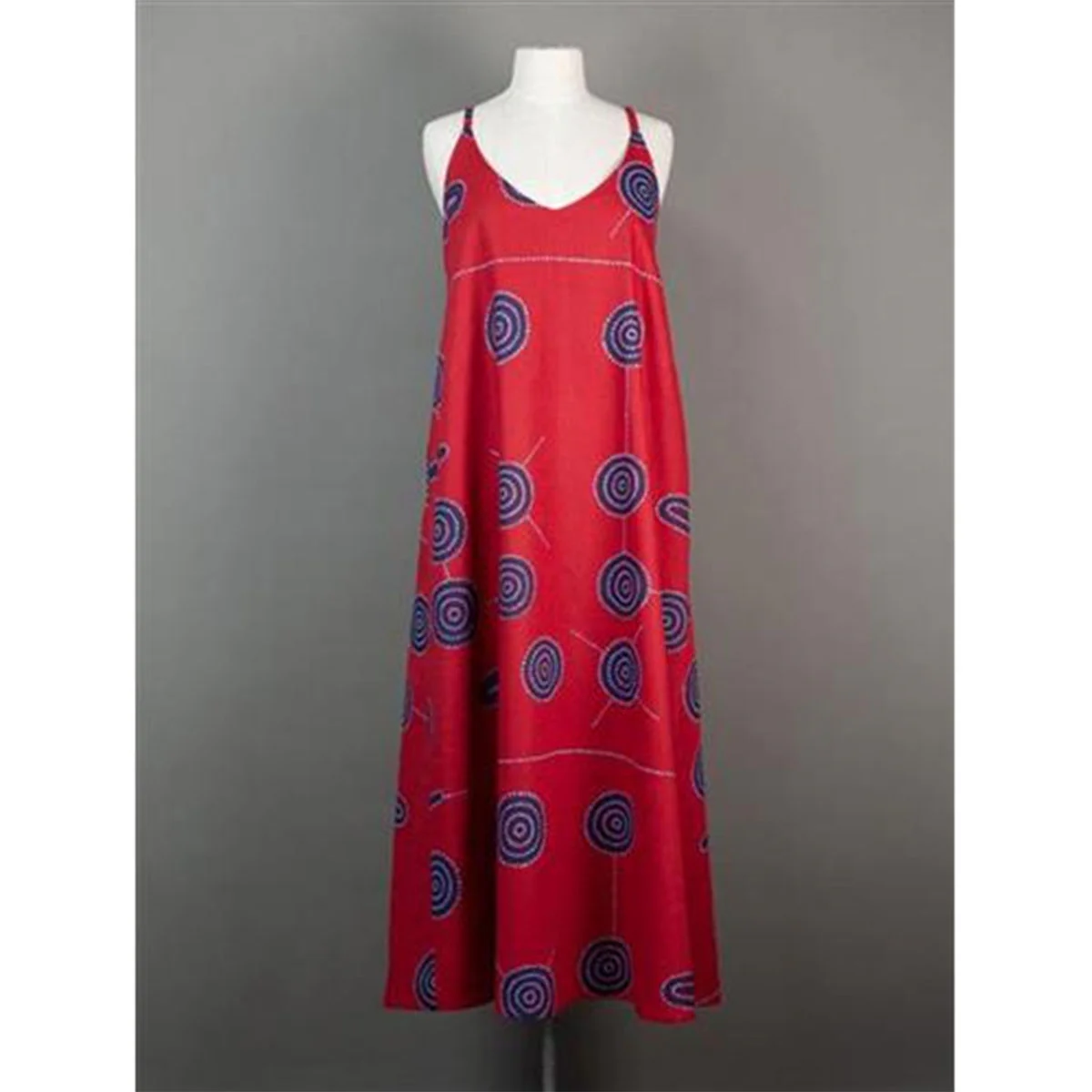 Anita Dress Shield and Star Design Blue/White on Red Cotton/linen Blend - Ikuntji Artists