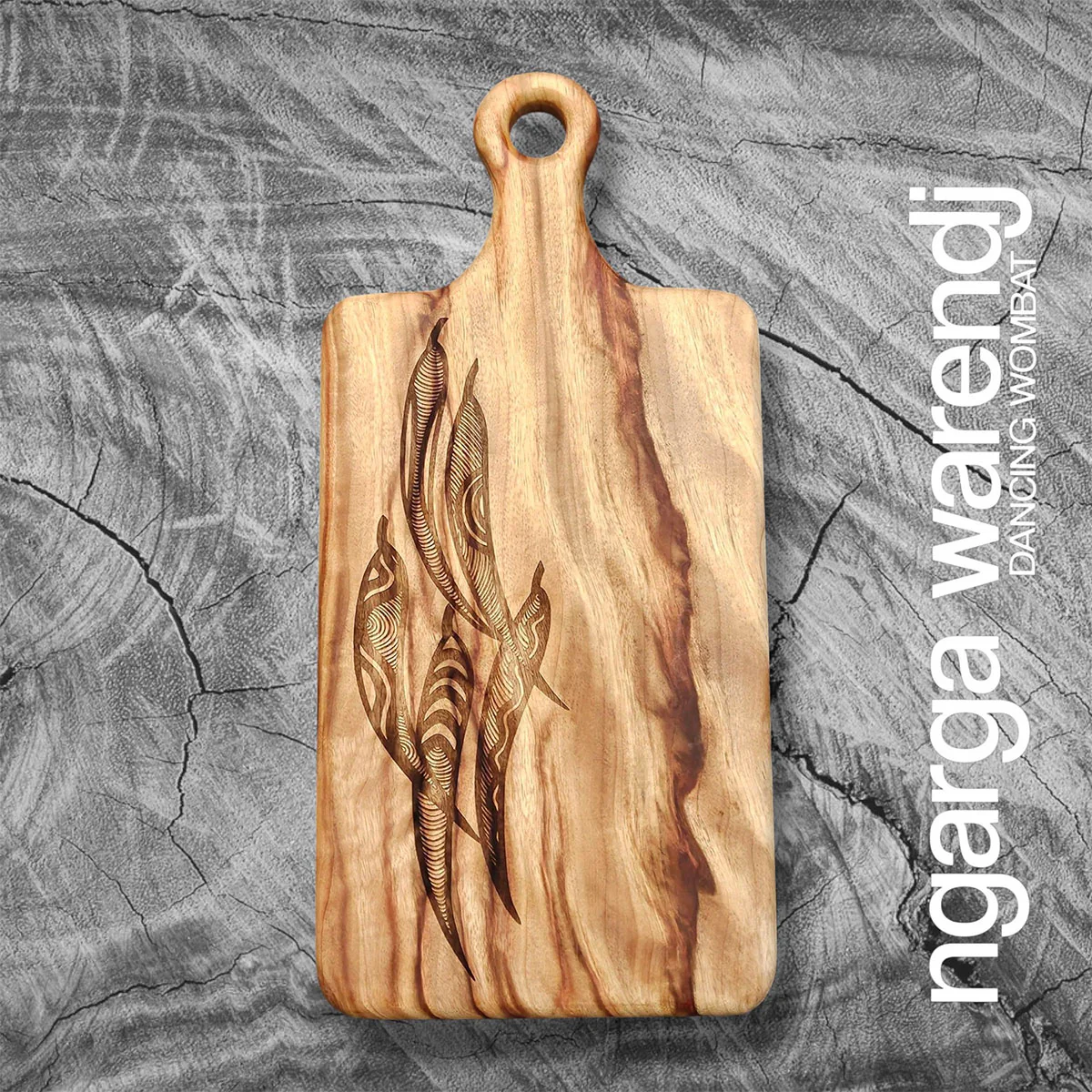 Wooden Paddle Board Rectangle Medium Five Gum Leaves Camphor Laurel 42x20x2.8cm - Ngarga Warendj