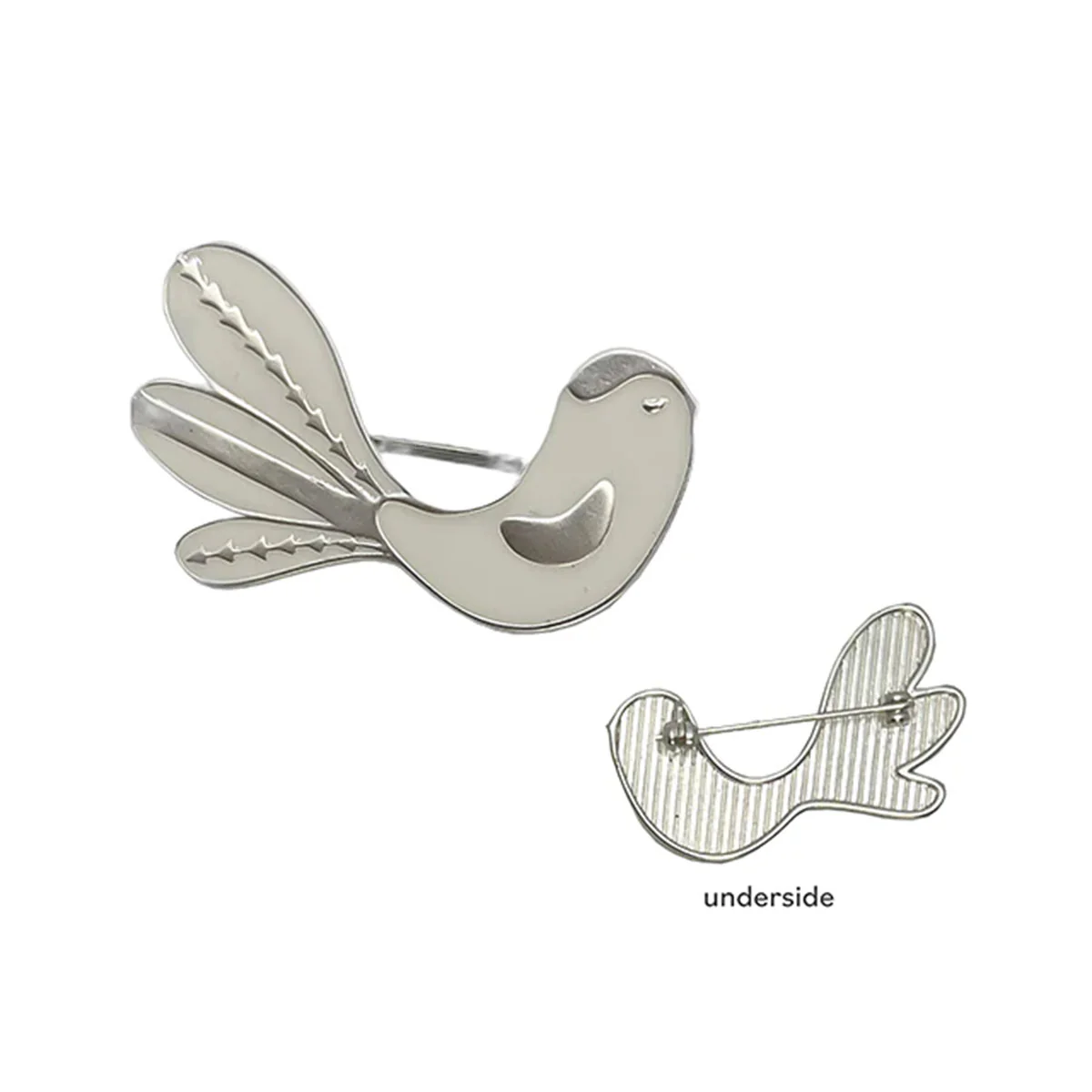 Brooch Matte Silver and White Enamel Bird - Rancho
