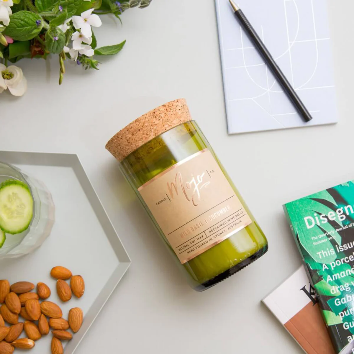 Candle Soy Wax Reclaimed Wine Bottle Wild Basil & Cucumber - Mojo Candle Co