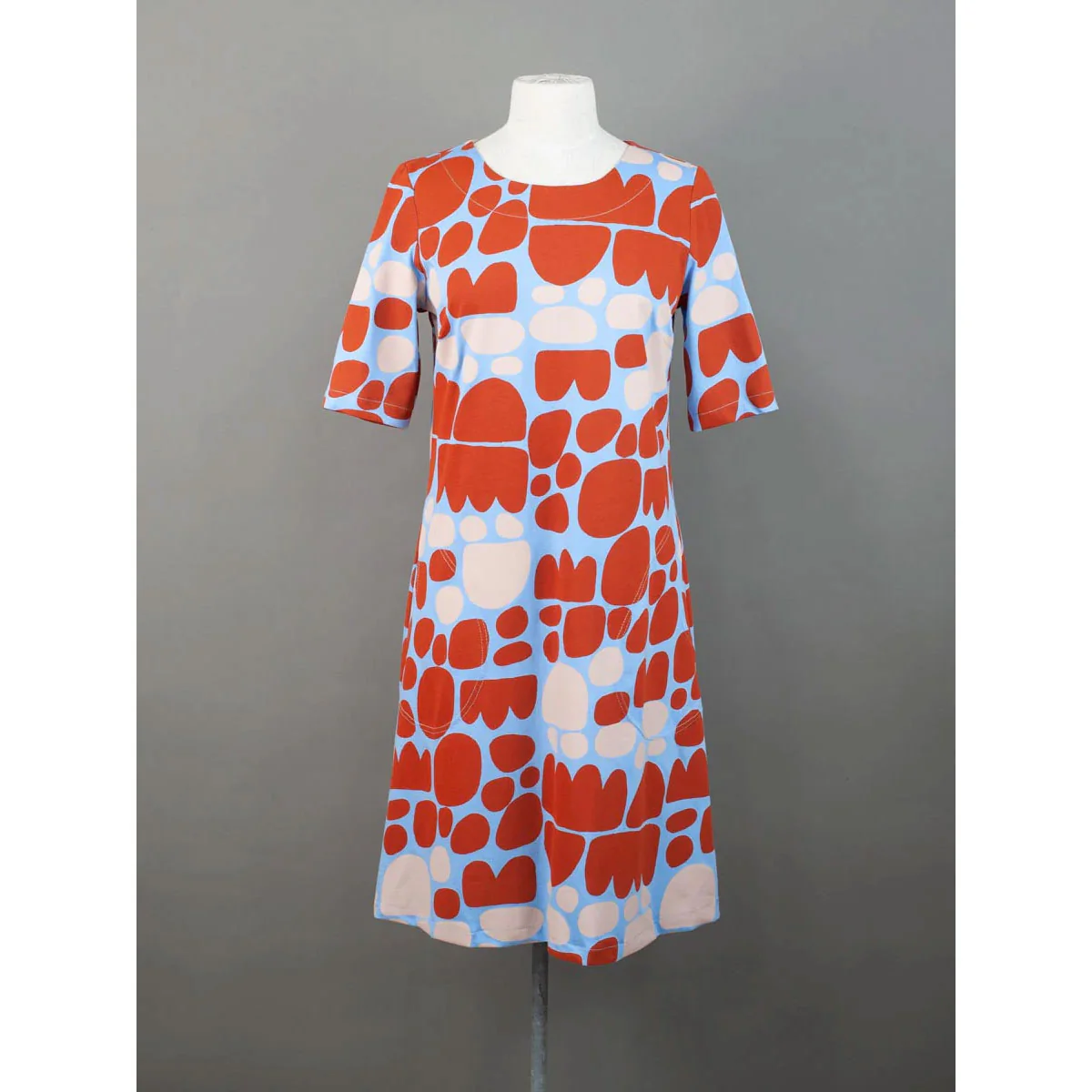 Doris Day Dress Puli Puli Orange and Peach on Blue Jersey Keturah Zimran - Ikuntji Artists