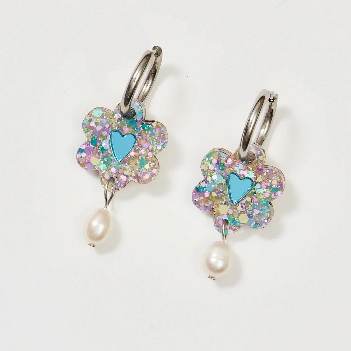 Earrings Heart Flower + Pearl Blue Mermaid - Martha Jean