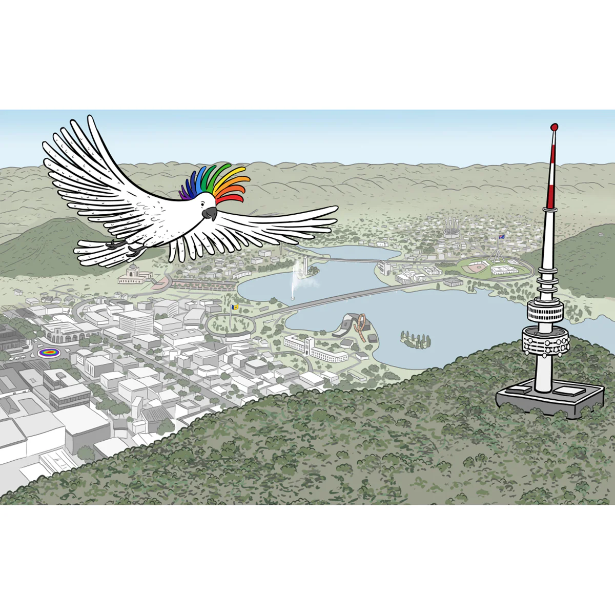 Greeting Card Rainbow Crested Cockatoo above Black Mountain Tower - Stuart McMillen