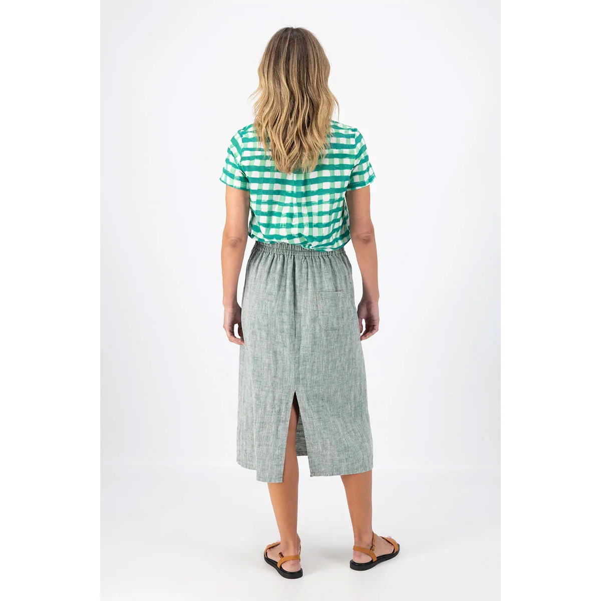 Hepburn Panorama Skirt Green in Herringbone Linen S - Olga De Polga - Image 3
