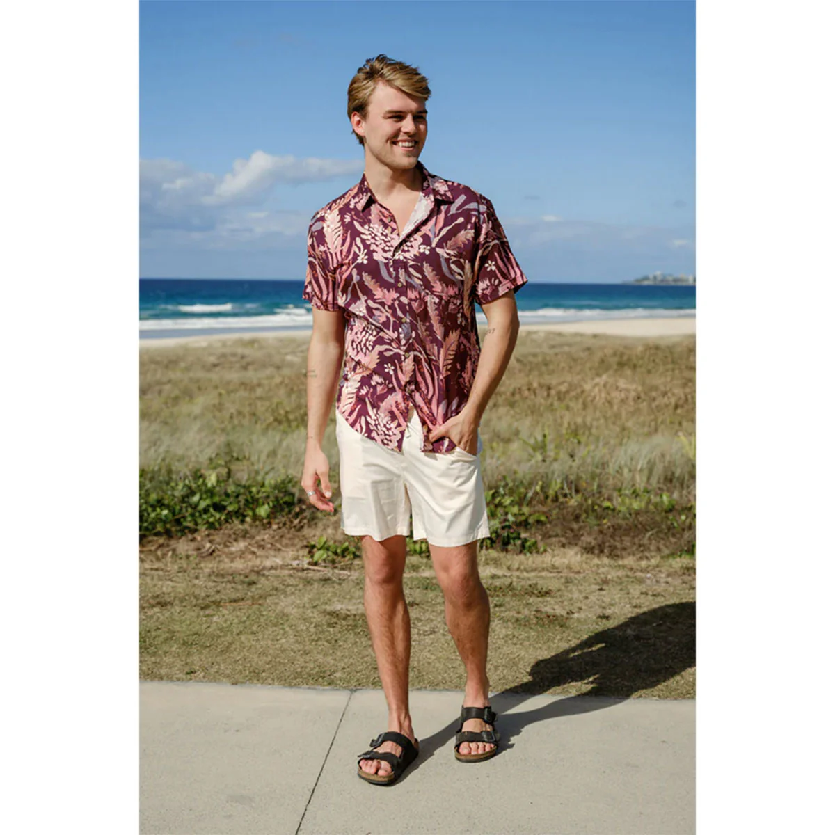 Men's Shirt Short Sleeve Burgundy Blooms - Peggy & Finn