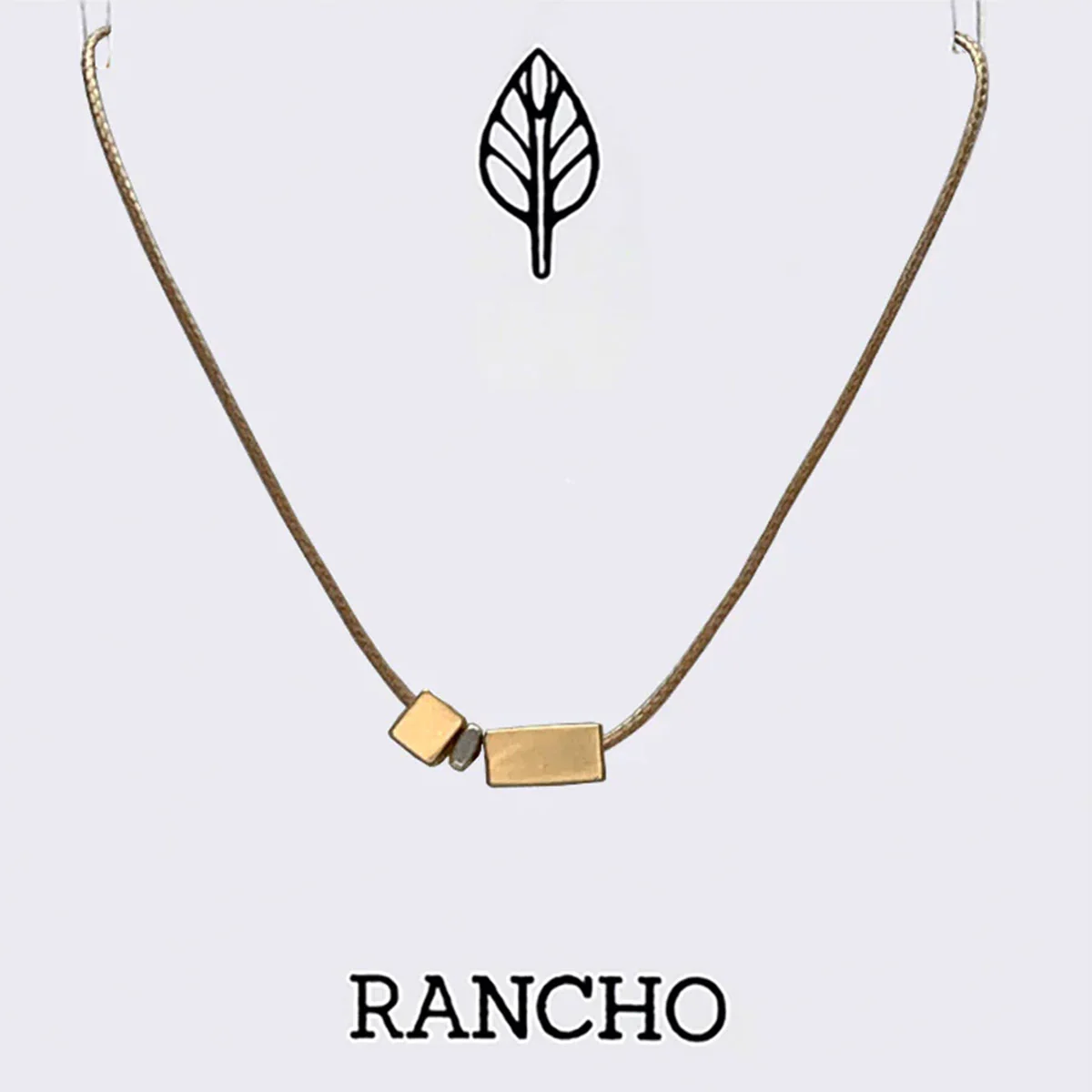Necklace Gold Rectangular Block Gold Cube Tan Cord - Rancho