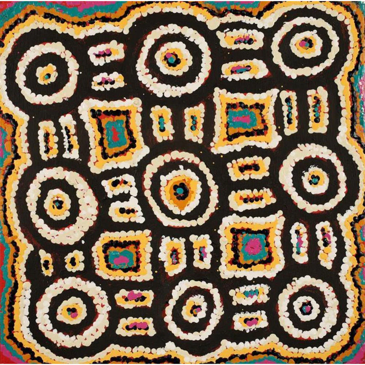 Painting 30x30cm prestretched Andrew Jampijinpa Brown Ngapa Jukurrpa (Water Dreaming) - Warlukurlangu