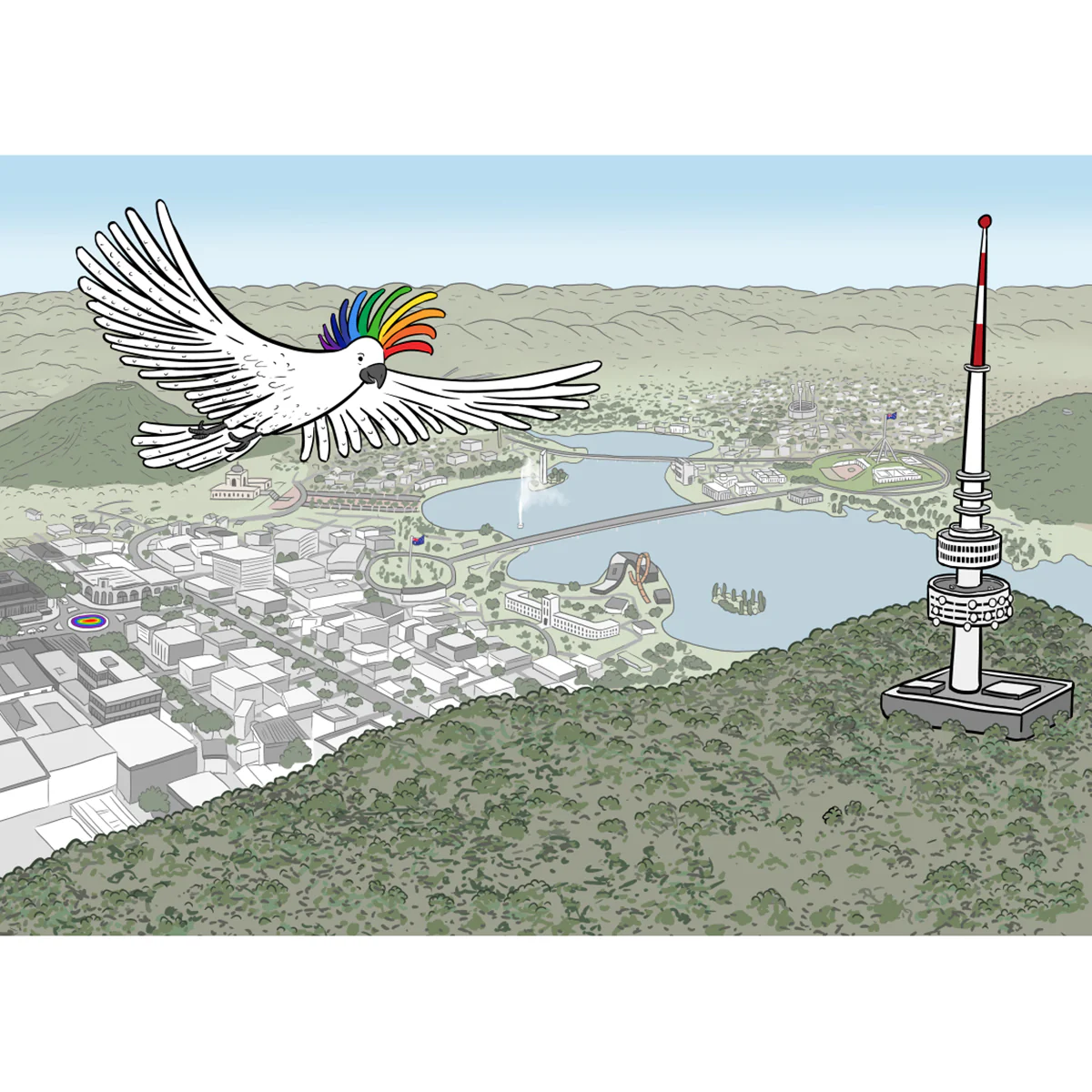 Postcard Rainbow Crested Cockatoo above Black Mountain Tower - Stuart McMillen