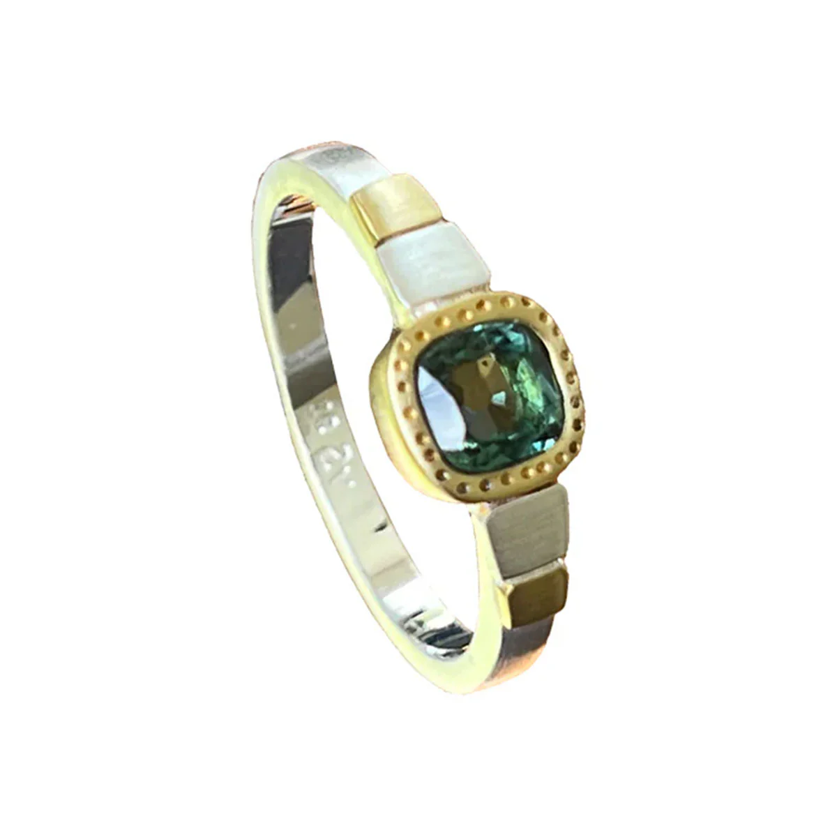 Ring silver sq brass dotted bezel sq Green Topaz - s7.5 - via Smith