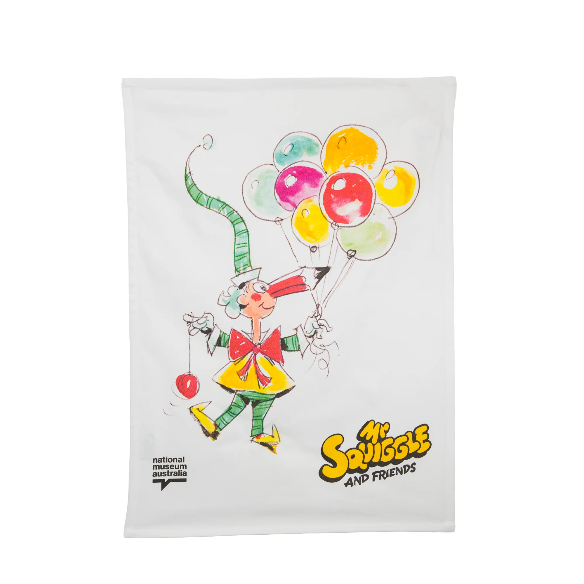 Teatowel Organic Cotton White Mr Squiggle with Balloons