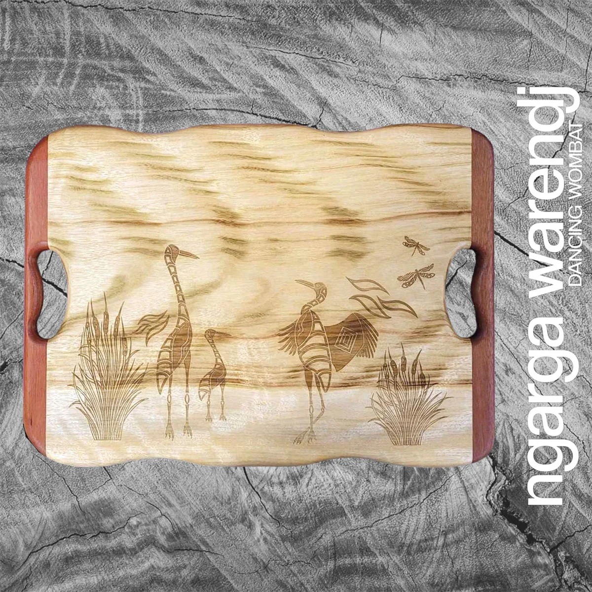 Wooden Board Rectangle Medium Brolga Family Camphor Laurel & Redgum 47x34cm - Ngarga Warendj