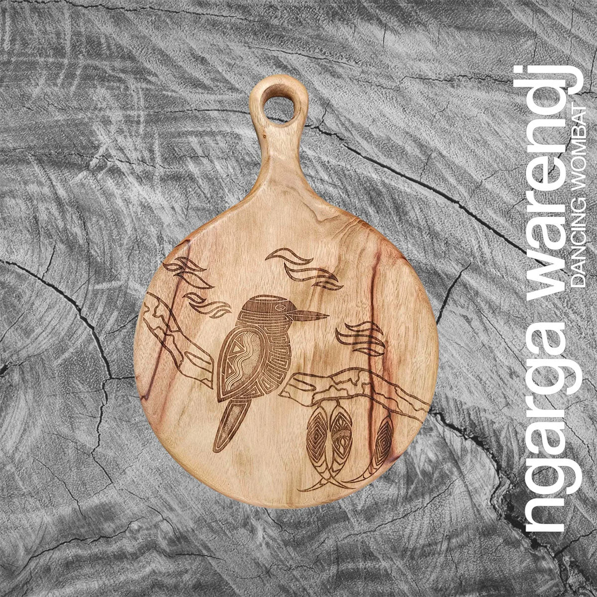 Wooden Paddle Board Round Kookaburra Camphor Laurel 24x34x2.8cm - Ngarga Warendj